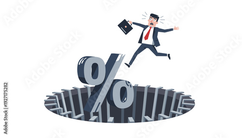 Scared businessman falling into a percentage symbol trap hole, conceptual vector illustration of high interest rates, financial debt crisis, economic risk, loan trap, and monetary instability.