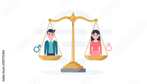 Gender Equality Concept with Male and Female Characters on Balanced Scales of Justice, Representing Social Justice, Human Rights, Fair Treatment, and Equal Opportunities for Men and Women.