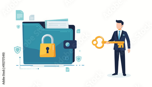 Data security concept with a businessman holding a large golden key to access a locked folder. Illustration of cybersecurity, information privacy, document protection, and secret file access.