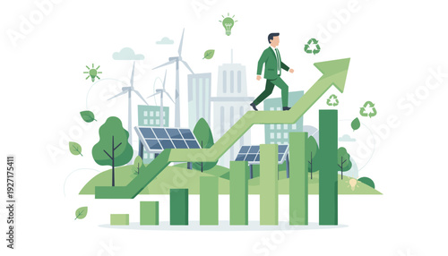 Businessman walking on a rising green arrow graph representing sustainable economic growth and green economy concept with wind turbines, solar panels, recycling symbols, and eco-friendly city