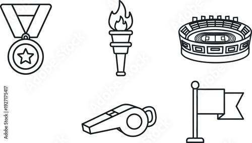 Collection of black outline icons representing essential elements of sporting events including a medal a flaming torch a stadium whistle and a small flag