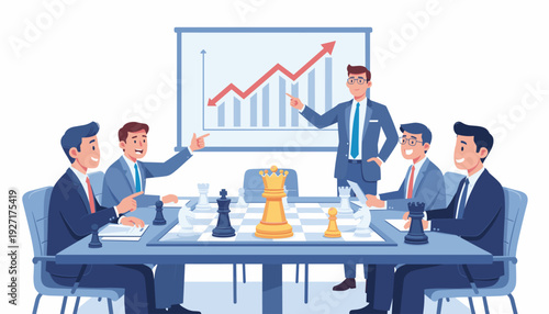 Business team in a meeting discussing strategy with a large chessboard on the table and a growth chart in the background, representing planning, leadership, and successful corporate goals.