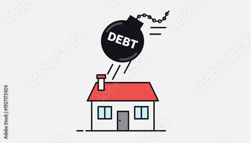 Home Loan Debt Crisis Concept with House and Falling Debt Bomb Vector Illustration; Financial Risk, Mortgage Foreclosure, Economic Pressure, Property Market Crash, and Bankruptcy Danger Design.