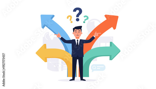 Confused Businessman Standing at Crossroads with Four Colorful Arrows Pointing in Different Directions, Making a Difficult Choice or Decision for Career Path, Business Strategy, and Future Success.