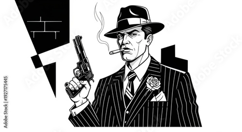 Mafia Boss in a Pinstripe Suit Holding a Gun and Smoking a Cigar.