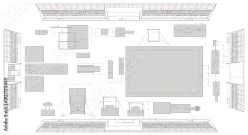 Overhead architectural plan view blueprint illustrating the precise layout and spatial organization of a comprehensive gymnastics training facility with equipment markings
