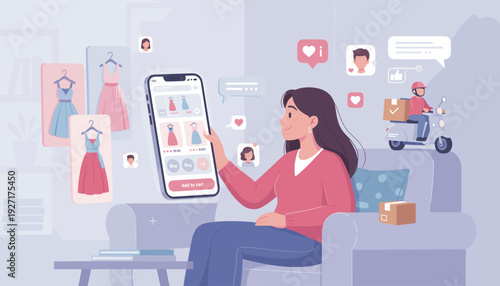 Young woman sitting on couch using mobile phone for online shopping, browsing fashion dresses in e-commerce app, social commerce concept with delivery courier and customer feedback icons.
