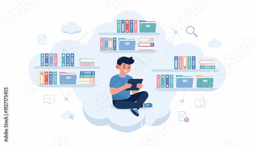 Online Library and Digital Cloud Storage Concept with a Young Man Reading on a Tablet Surrounded by Virtual Bookshelves, Folders, and Data Icons for E-Learning and Modern Education Technology.
