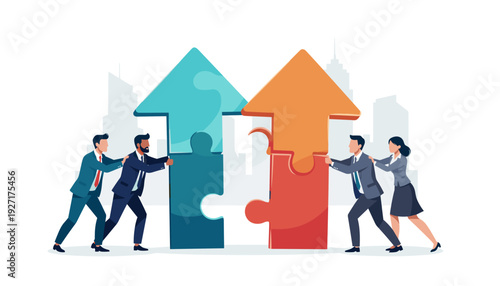 Business Professionals Working Together to Connect Large Jigsaw Puzzle Pieces Forming Upward Arrows Representing Growth, Merger, and Acquisition Success in a Modern City Vector Illustration