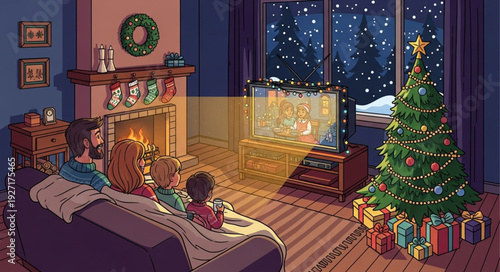 Family watching television on Christmas night with a decorated tree and fireplace.
