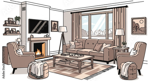 Cozy living room interior with comfortable seating and fireplace.