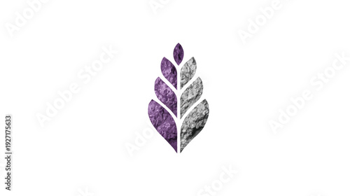 A textured, stylized leaf shape, split into purple and grey sections, isolated on white