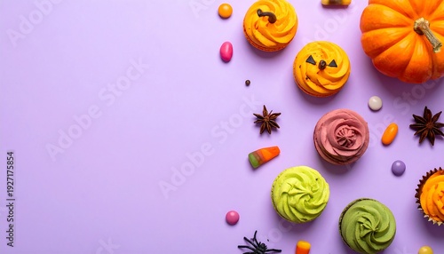 Halloween themed cupcakes and candy border the right of a lilac background