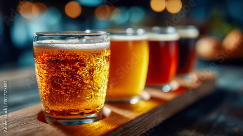 Craft beers showcased on a rustic wooden platter at a lively evening gathering in a cozy brewery