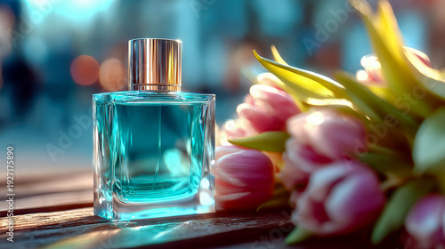 Captured essence of beauty with a blue fragrance bottle beside vibrant tulips in a sunlit setting