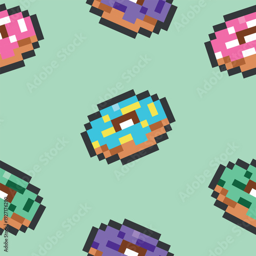 Pixel art seamless pattern with colorful glazed donuts and sprinkles on mint background