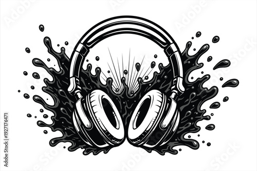 Vector illustration of headphones with black paint splashing around them creating a dynamic design element for music related projects and promotional materials always available for use.