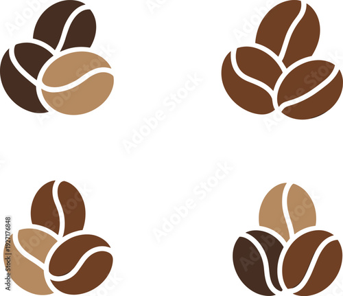 Set of Four Minimalist Roasted Coffee Bean Vector Icons Featuring Various Brown Shades for Cafe Branding Espresso Bar Logos and Morning Caffeine Drink Illustrations