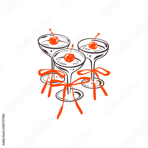 Hand drawn sketch cherry cocktail with pink coquette bow. Crayon doodle champagne, martini, margarita wine whimsical drawing. Valentines Day, wedding, bachelorette, girly birthday party design element