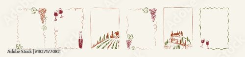 Set of crayon vintage frames for wine label, alcohol packaging, vineyard design, vinery branding. Rectangle hand drawn chalk sketch borders with Tuscany rural agriculture landscape, cypress trees