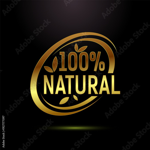Gold 100% natural oval badge with leaves and waves on black background