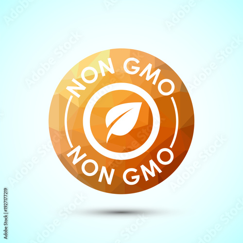 Golden orange polygonal non gmo stamp with single leaf icon for organic products
