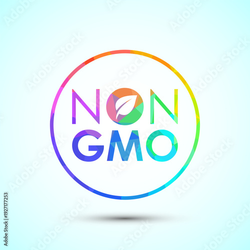 Modern non gmo typography logo with rainbow polygonal texture and small leaf dot
