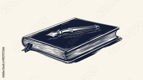 A dark blue illustration of a book with a pen laying on top. It has a bookmark