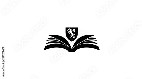 A silhouette design of an open book with a crest. The crest features a lion and other details