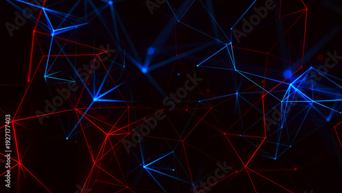 An abstract network, made in dark tones with bright red and blue lines. Subtle connections and nodes form a digital structure reminiscent of technological or neural connections.