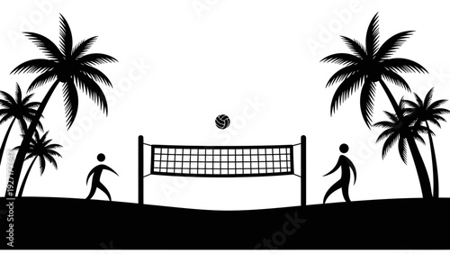 Beach Volleyball Silhouette: Palm Trees, Net, Ball, and Players at Sunset