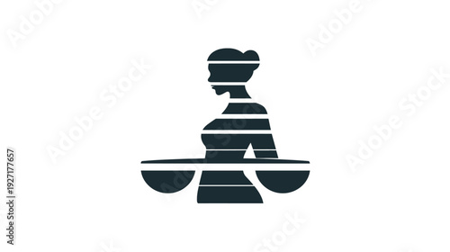 A silhouette of a woman holding scales, segmented by white lines. Simple illustration