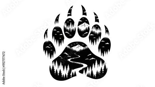 Bear Paw Print Silhouette with Mountain Landscape and Forest Inside