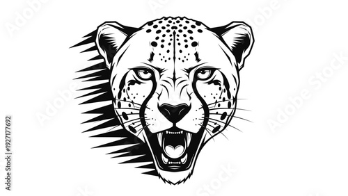 Cheetah Head Roaring Black and White Vector Art