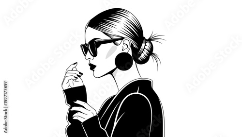 Chic Woman with Sunglasses and Bold Earrings, Elegant Style, Black and White Fashion Illustration