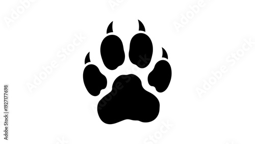 Black Wolf Paw Print Silhouette on White Background, Animal Track Symbol
