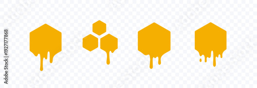 Drip set of honey comb isolated on transparent background. Gold yellow melt liquid hexagon shapes. Vector honeycomb with drops