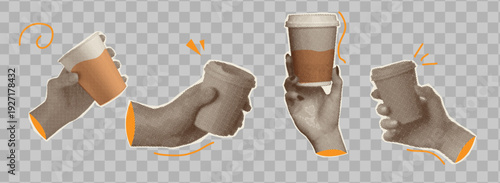 Set of halftone hand holding coffee cup art collage