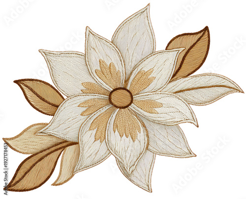 Embroidered flower with layered petals and leaves in creamy white and brown hues