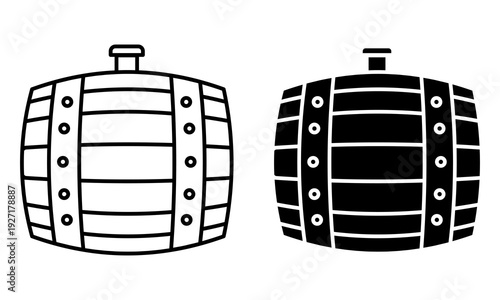 Two wooden barrels, one outline and one filled in black