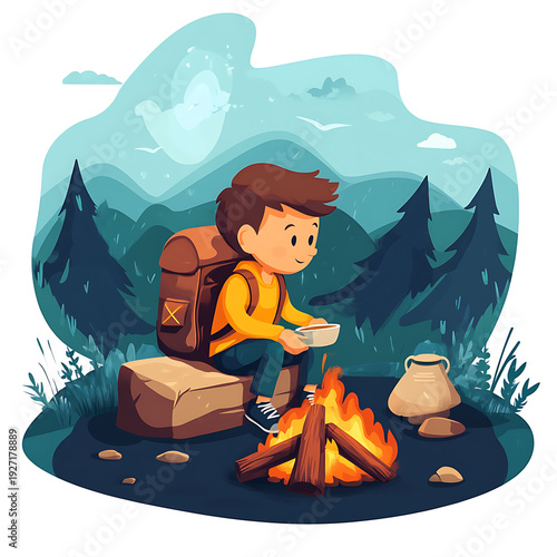 Young Boy with Backpack Awaits Food