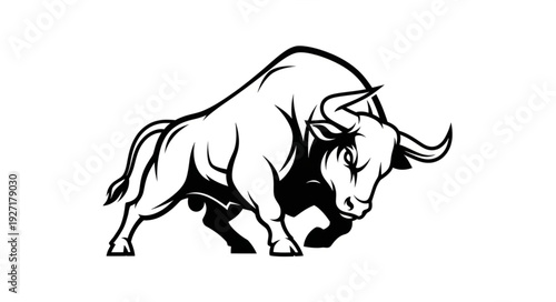 Powerful bull illustration in black and white, ready to charge forward with determination.