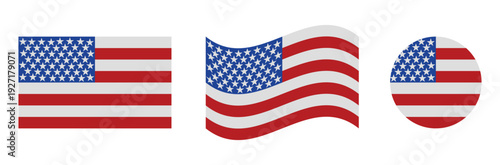 set of united states of america national flag icons in rectangle waving and circle shapes isolated on white background