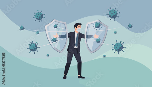 Businessman wearing a face mask and holding two glass shields to protect himself from floating COVID-19 virus pathogens, conceptual vector illustration of safety and defense in the workplace.