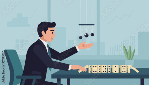 Businessman in a suit stopping a chain reaction of falling dominoes and a swinging Newton's cradle, symbolizing financial intervention, risk mitigation, and strategic crisis management in office.