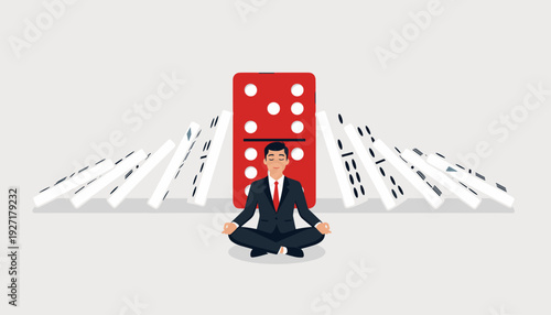 Calm Businessman Meditating in Lotus Pose in Front of a Standing Red Domino Tile While White Dominoes Fall, Concept of Resilience, Mindfulness, Unique Leadership, and Staying Calm Under Pressure.
