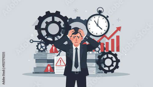 Businessman feeling overwhelmed and stressed at work, holding head in hands with gears, clock, warning signs, and rising bar chart in background, concept of burnout, pressure, and deadlines.