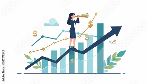Businesswoman looking through telescope for future opportunities and market trends, standing on rising arrow of financial growth chart, concept of investment strategy and career development.