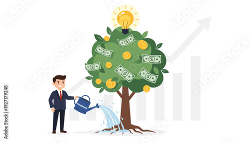 Businessman Watering a Money Tree with Investment Can, Growing Wealth with Coins and Dollar Bills, Creative Business Idea Light Bulb, Financial Success, Revenue Growth and Profit Concept Vector