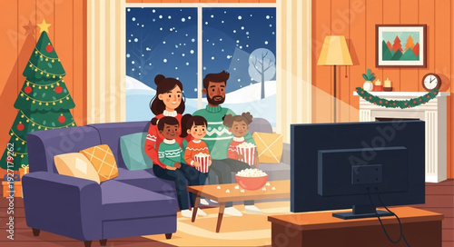 Family enjoying a cozy Christmas evening watching television together at home.